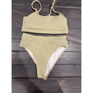 Ribbed Textured High-Waisted Bikini Set In Sage Green Medium Polyester & Elastan